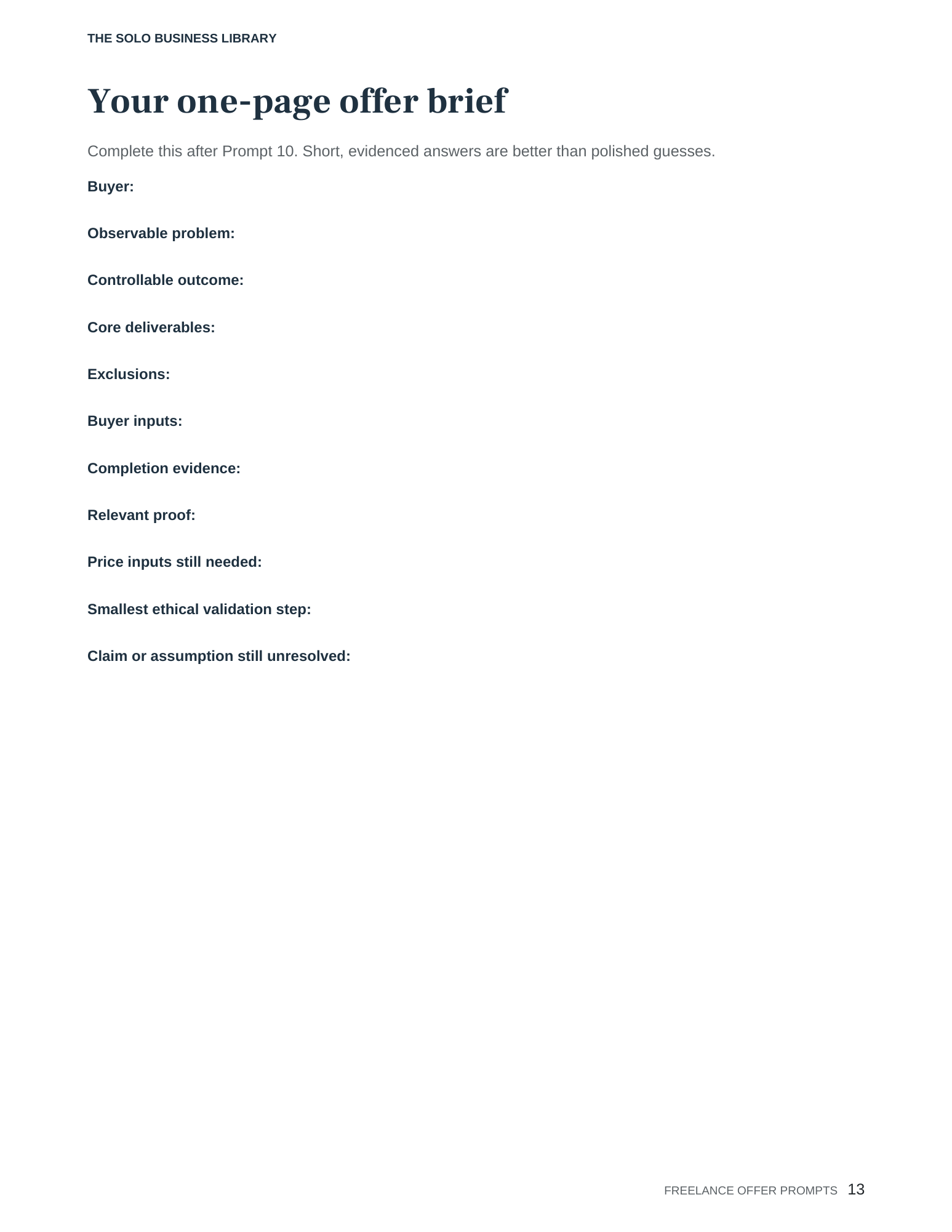 One-page freelance offer brief worksheet